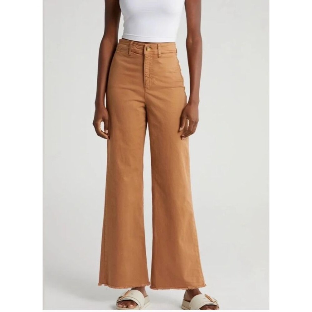 Marine Layer Bridget High Waist Raw Hem Wide Leg Pants Tan Brown Size 12